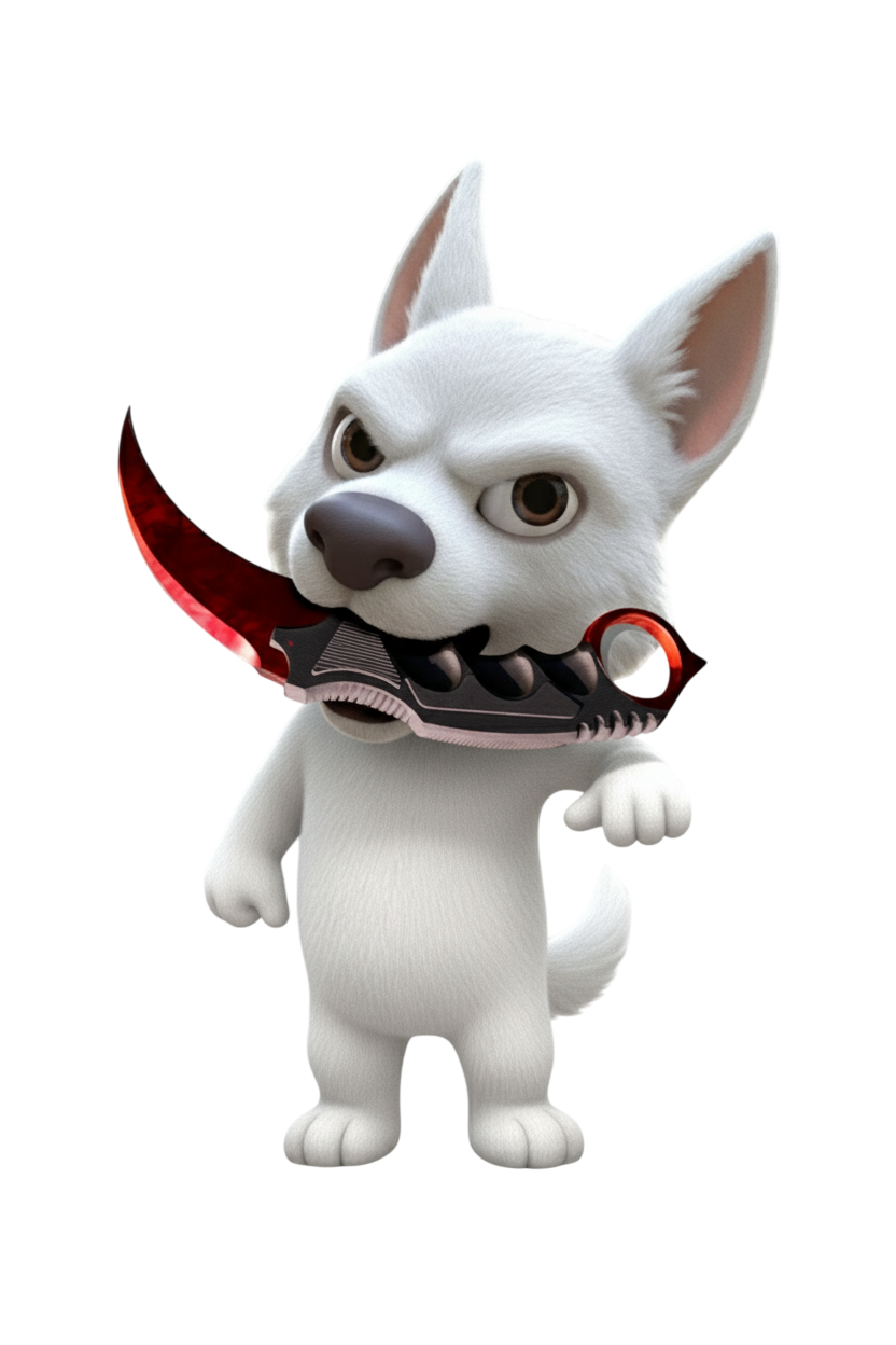 Mascote Boltskins segurando uma karambit vermelha